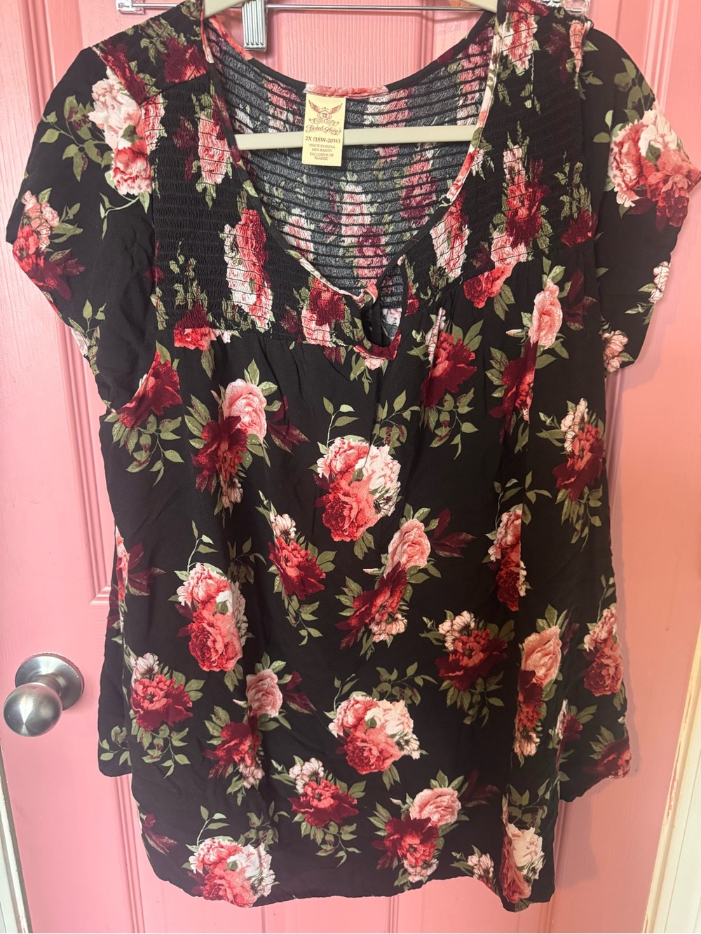 Faded Glory Black Floral Smocked V-Neck Blouse